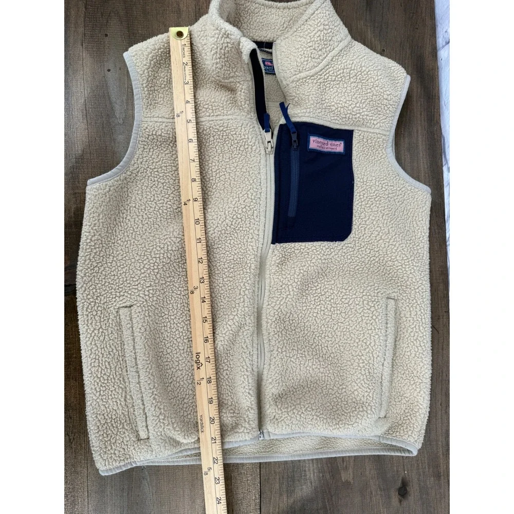 Vineyard Vines Boys Stillwater Sherpa Fleece Vest Tan Navy Preppy Zip Up Sz L 16